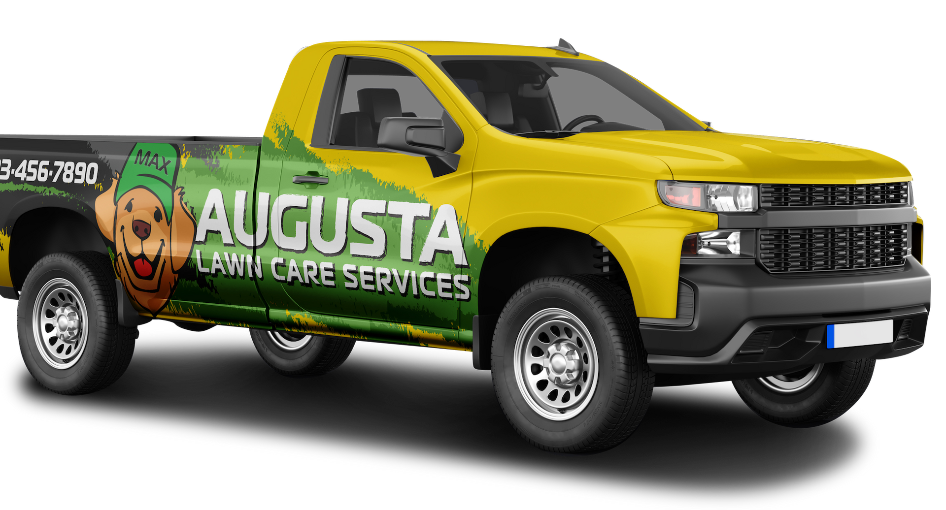 a yellow truck with a green wrap for augusta landscaping services .