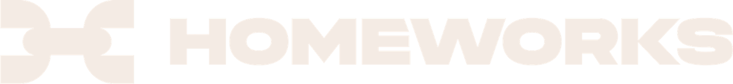 Homeworks logo in light brown, blurred.