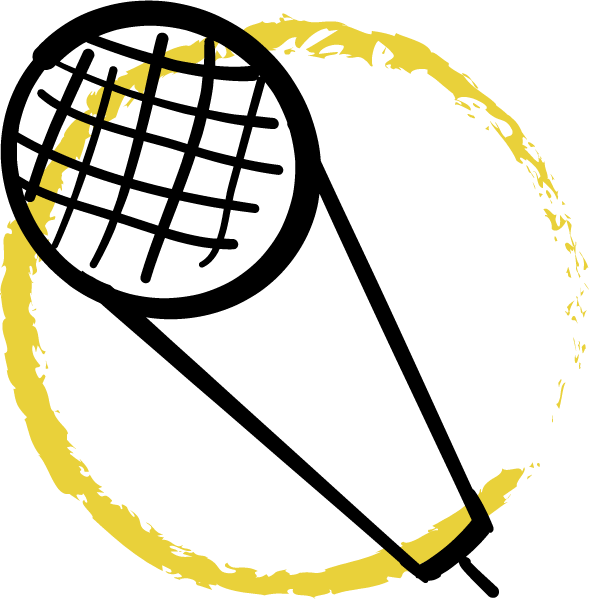 icon with a black and white drawing of a tennis racket with a yellow circle around it .