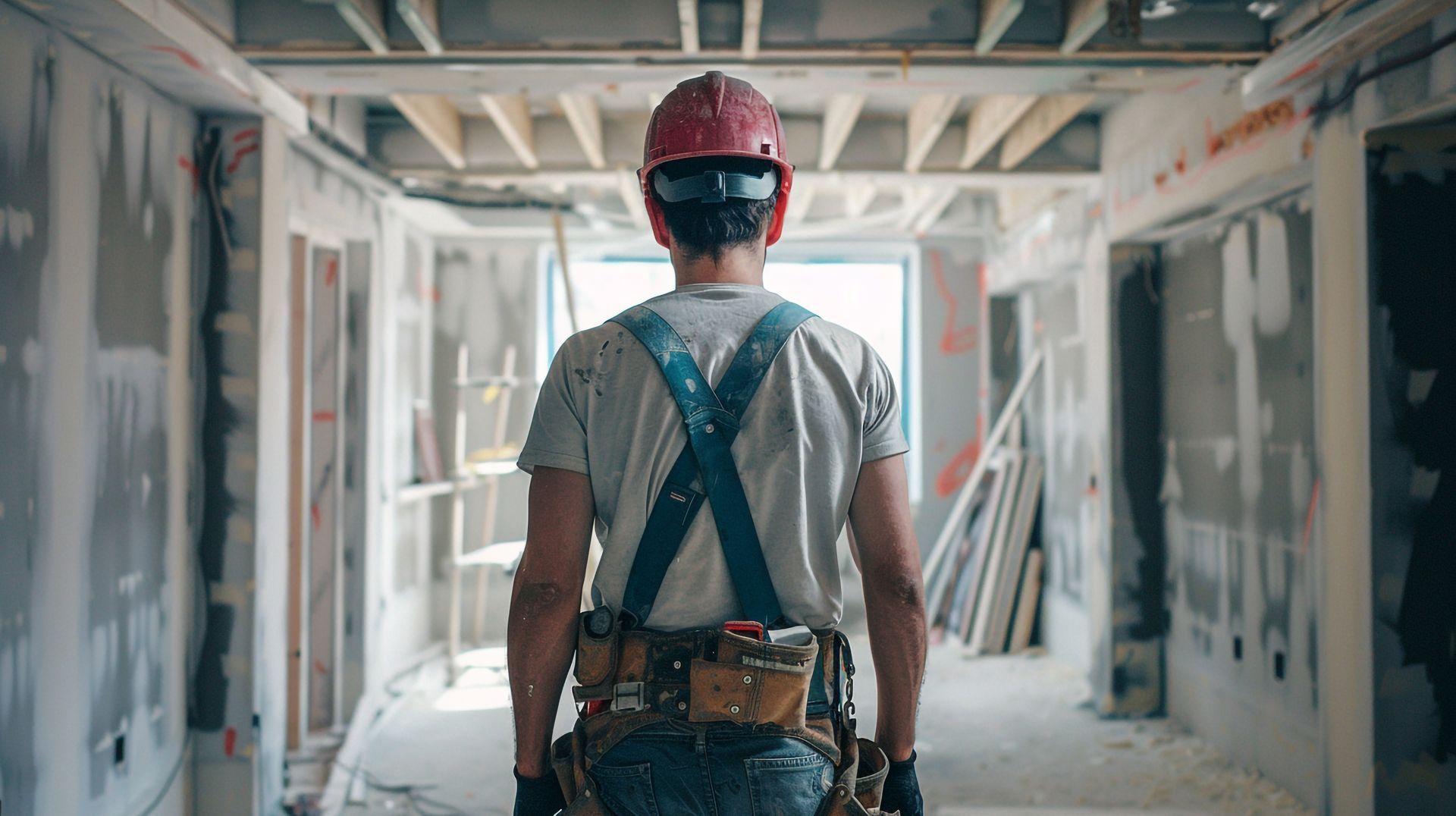 A man wearing a hard hat and safety harness is standing in a building under construction.