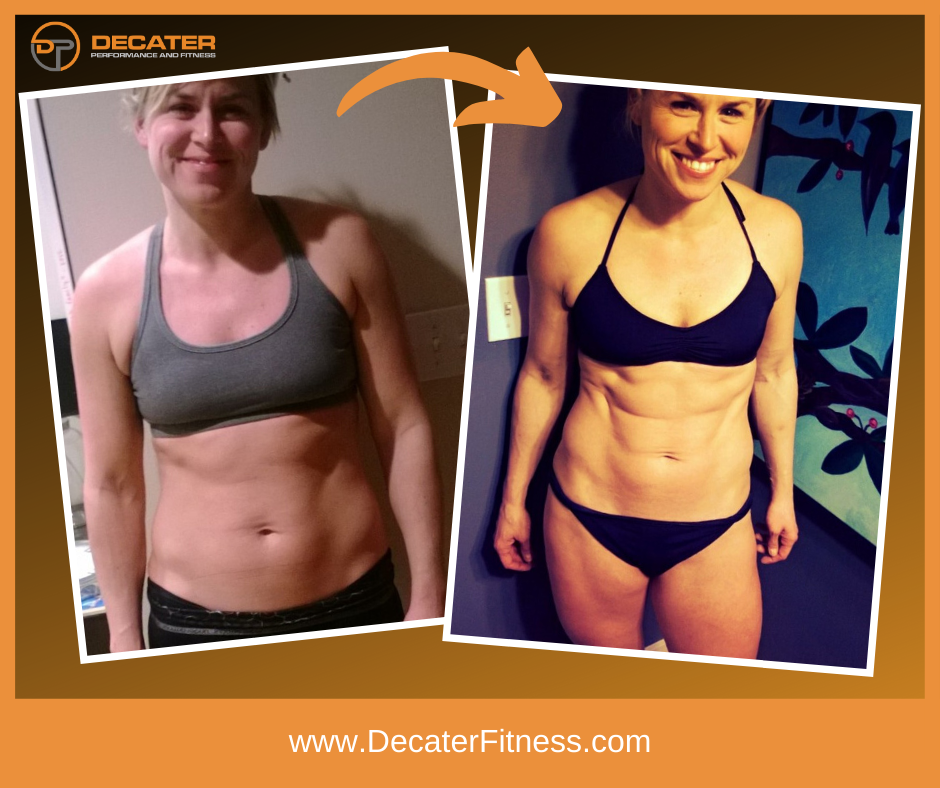Weight loss transformation: Woman in sports bra and underwear, before and after photos, smiling.