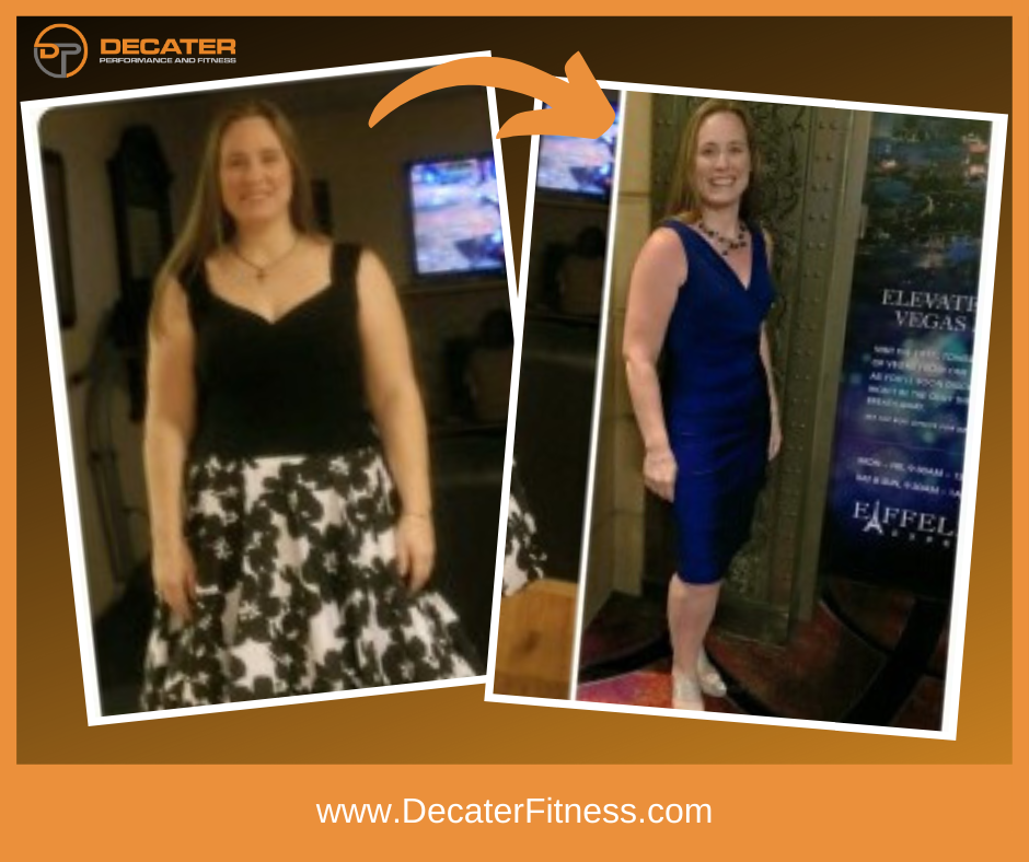 Weight loss transformation. Woman in black and floral outfit transitions to blue dress.