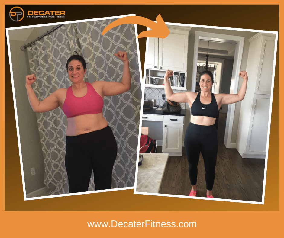 Woman flexes in before/after photos, showing weight loss. She wears pink/black workout clothes; setting changes.