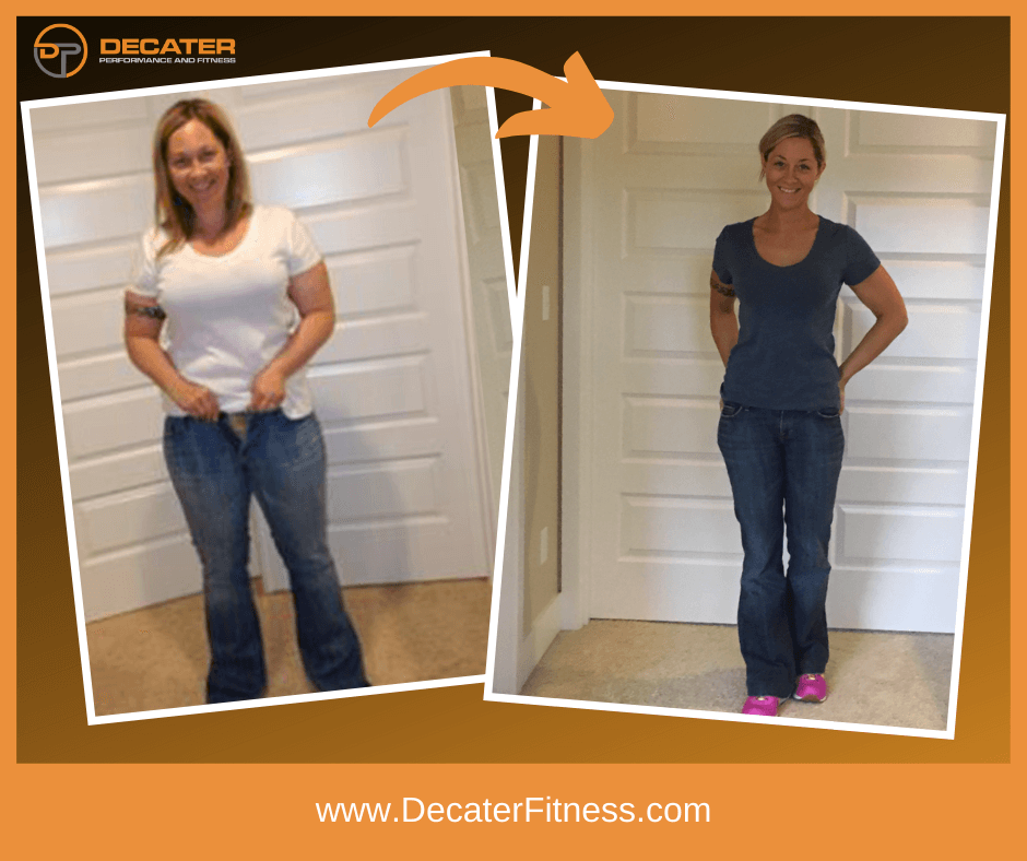 Weight loss transformation; Before and after photos of a woman in jeans and t-shirts.