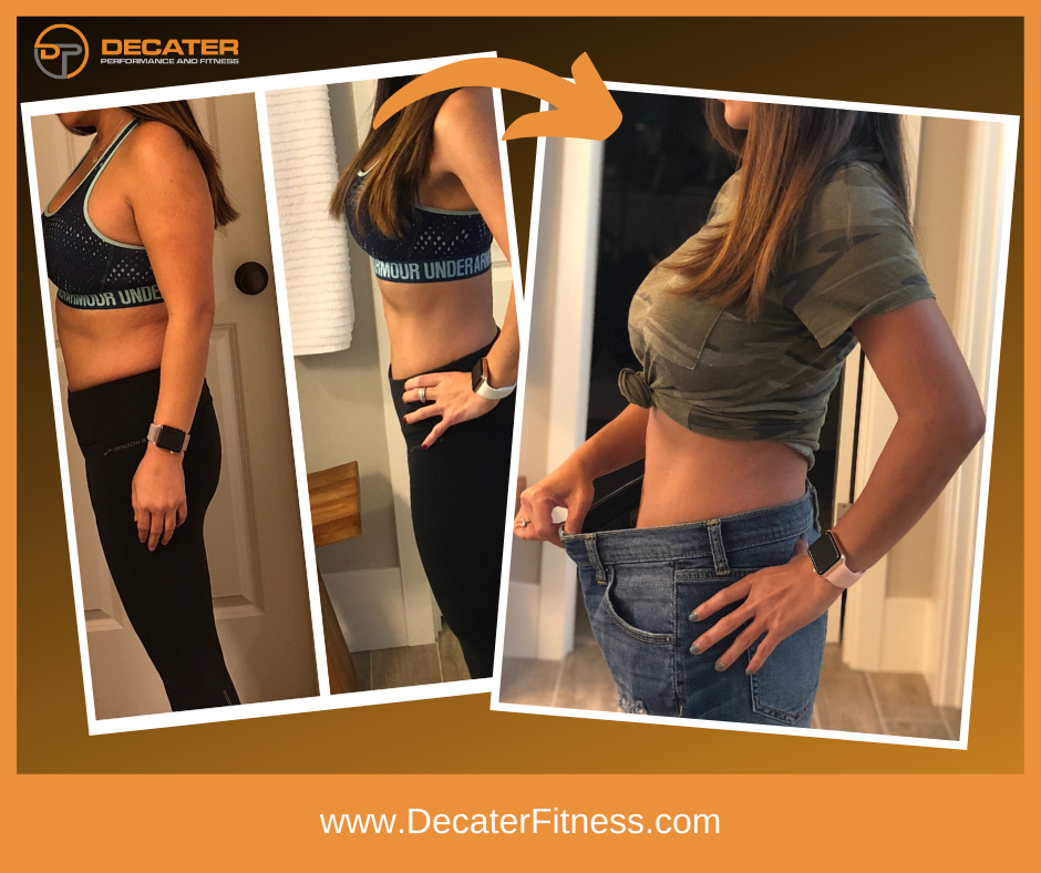 Weight loss transformation. Woman in before/after photos, loses weight, wearing athletic attire.