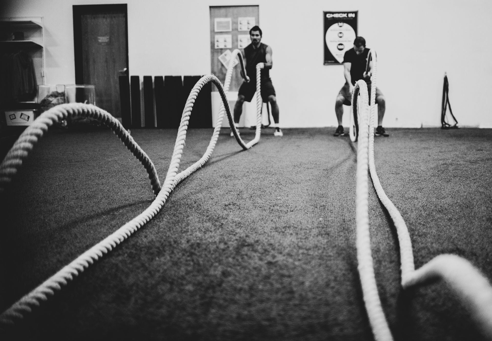 Two men working out with battle ropes in a gym.