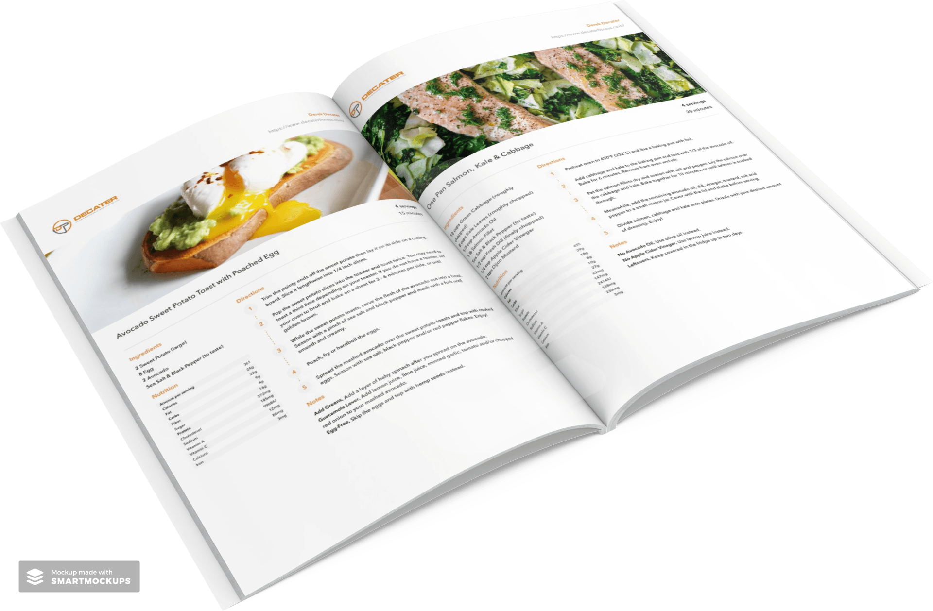 Open cookbook pages with a poached egg on toast and salmon dish, with recipes.