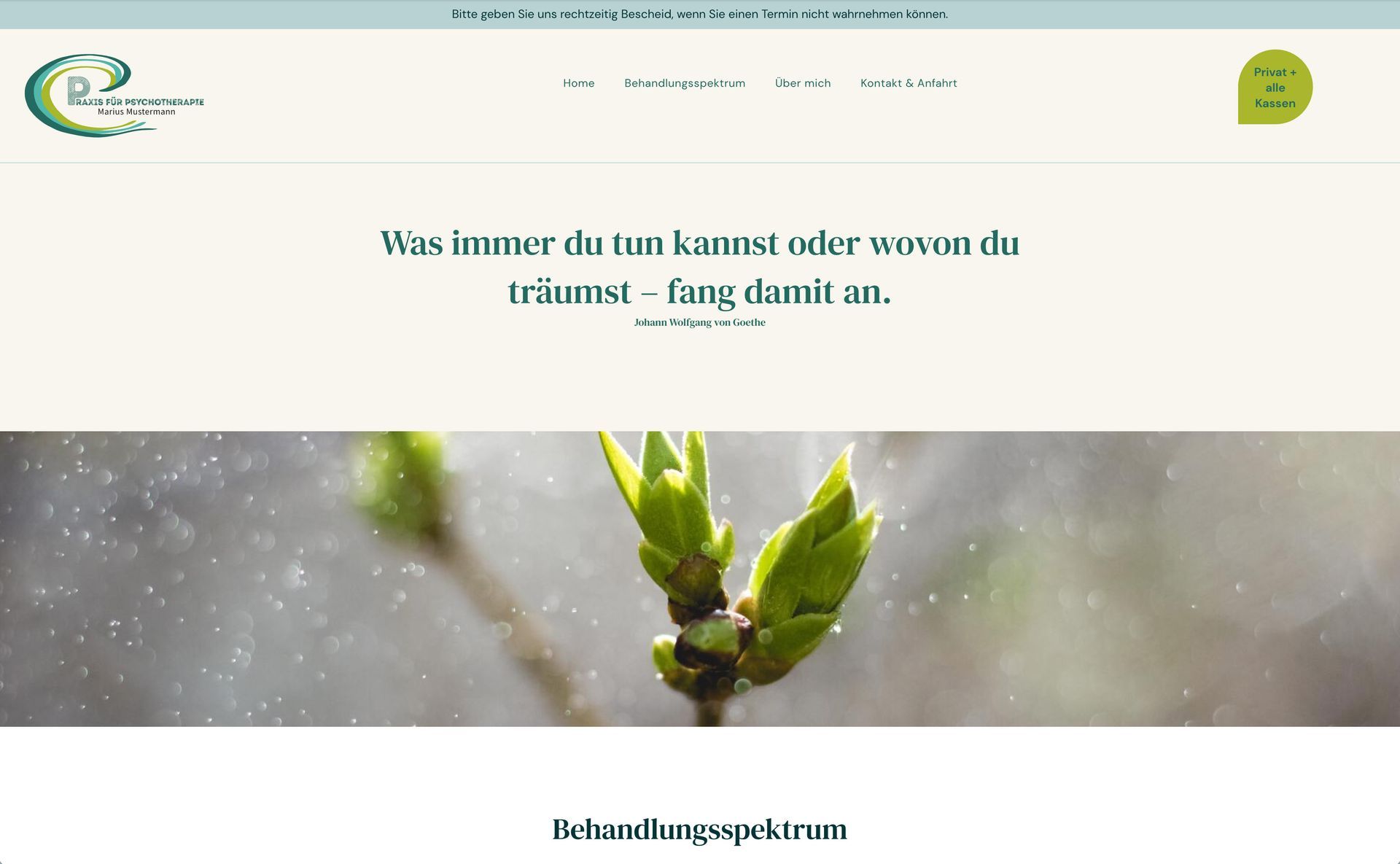 Eine Website mit einem Bild einer Pflanze und einem Zitat darauf. Homepage einer Arztpraxis.