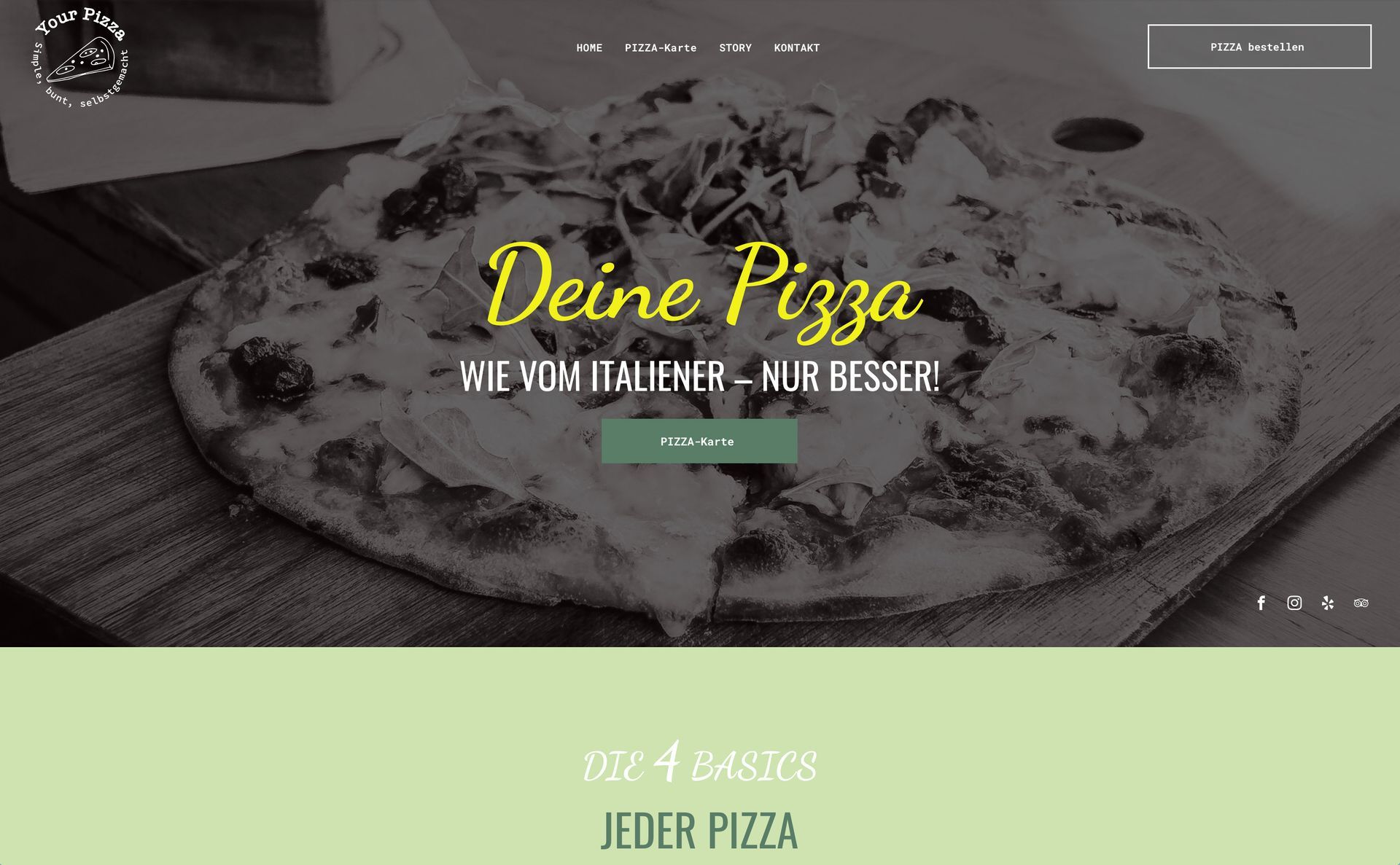 Eine Pizza liegt auf einem Holztisch. Homepage einer Website.