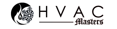HVAC Masters logo: black circle with flame/snowflake, 