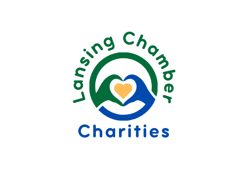 A logo for lansing chamber charities with a heart in the middle