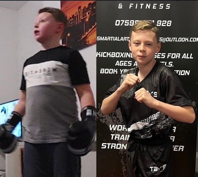 Transformation: boy in boxing stance before and after fitness training.