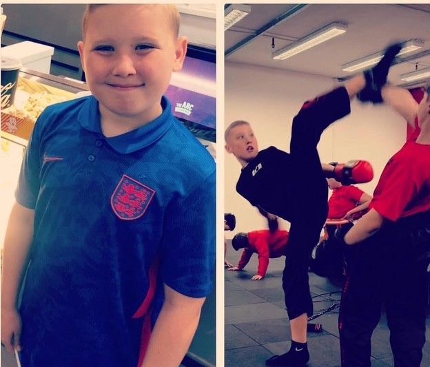 Boy in England soccer shirt, smiling; boy kicking in karate class.