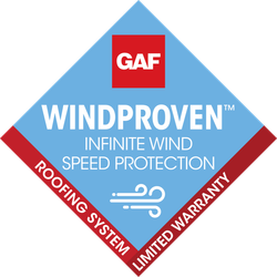 GAF WindProven roofing system logo with wind graphic, light blue diamond, red accents, and text.