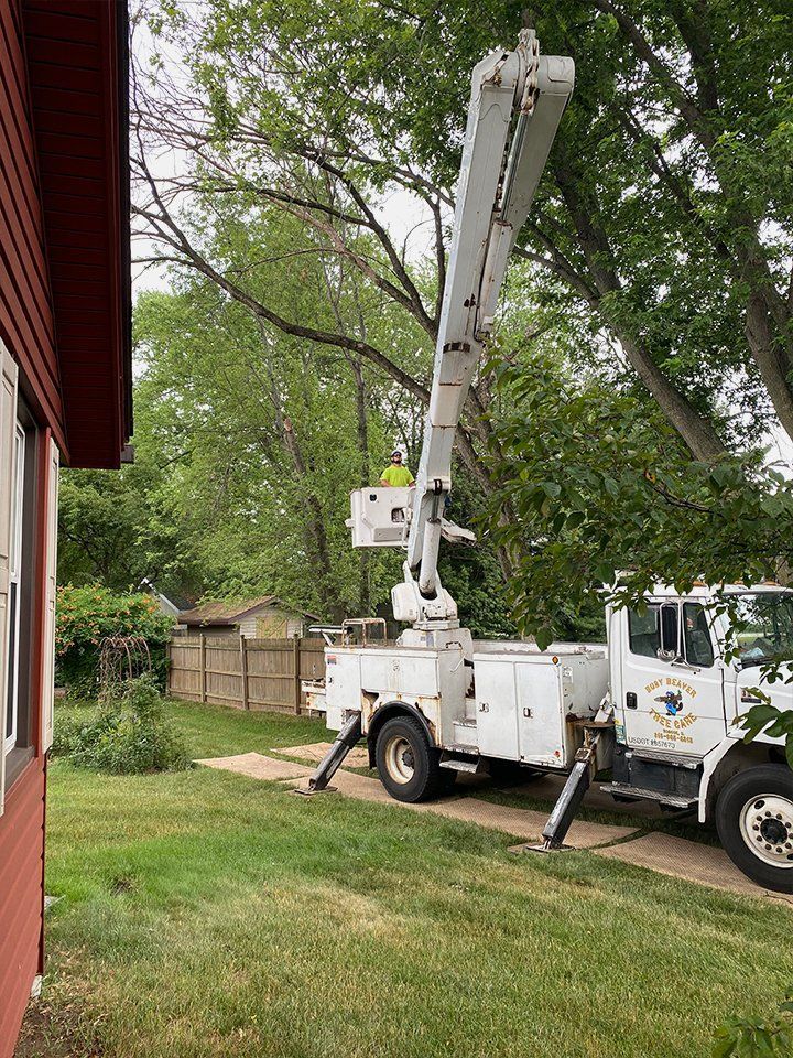 A white tree trimming truck is parked in front of a house.