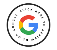 A google logo in a circle with the words `` click here to review us ''.