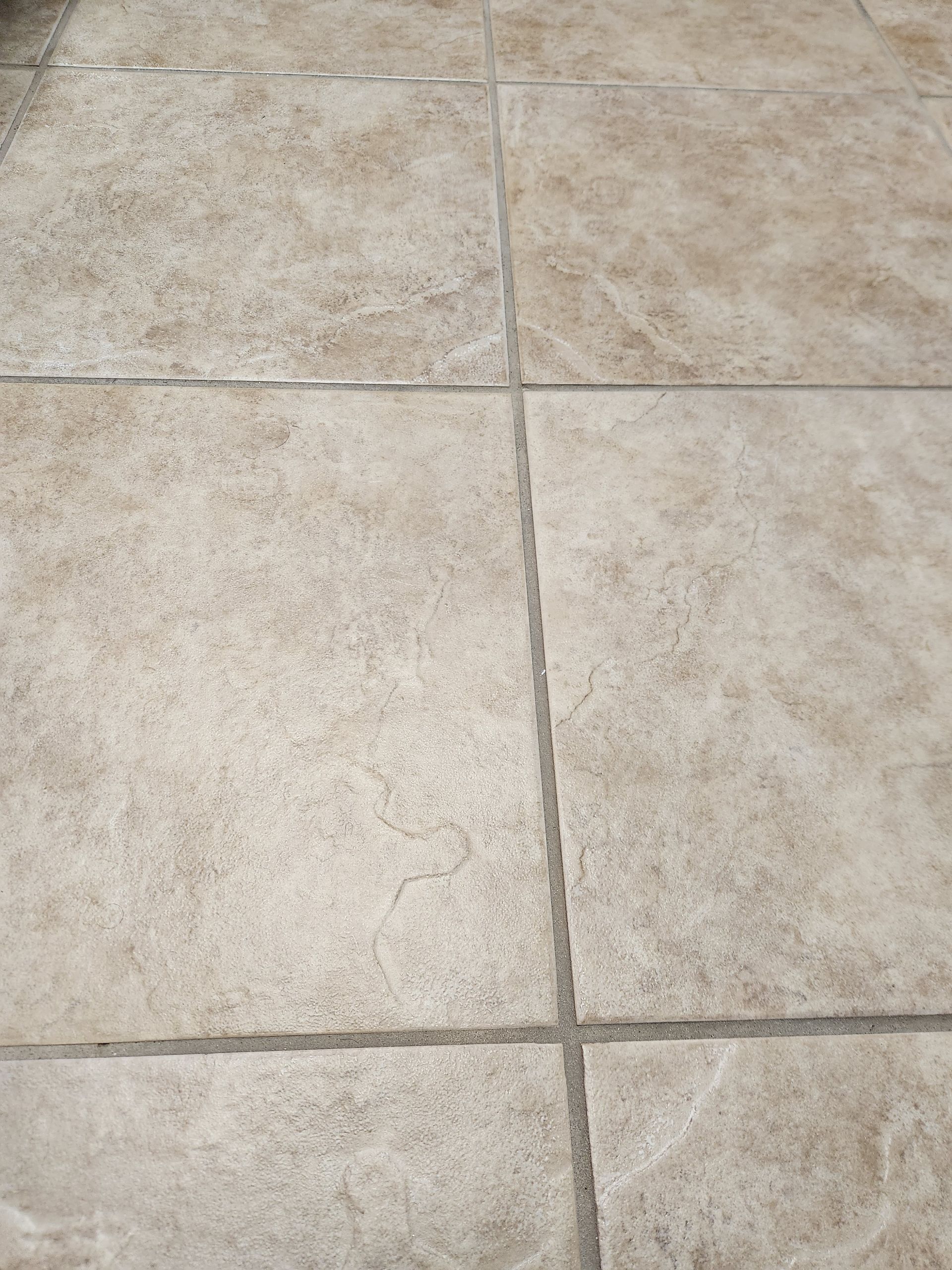 Beige ceramic floor tiles with dark grout lines.