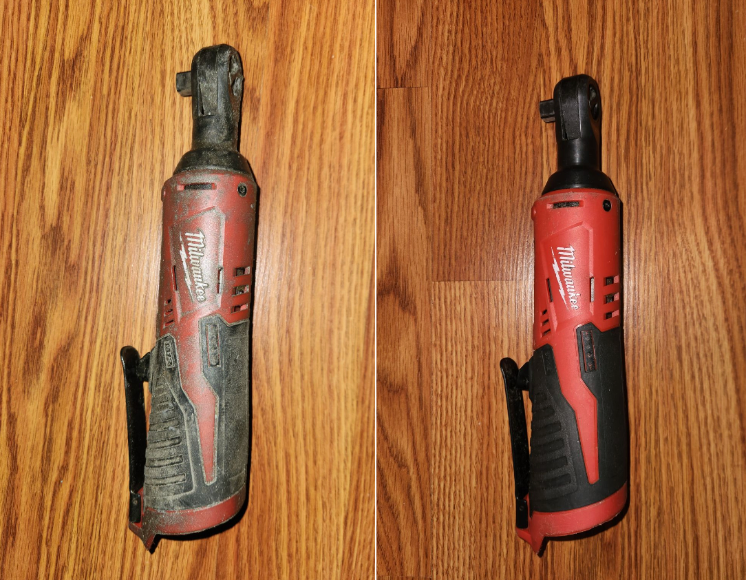 Red and black Milwaukee cordless ratchet on a wood-grain surface.