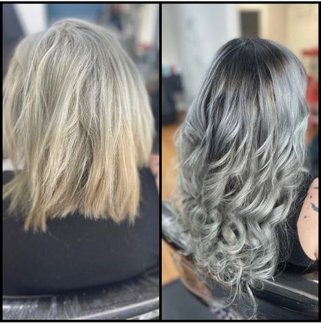 Before-and-after salon haircut: shoulder-length silver hair transformed into curled gray ombré style