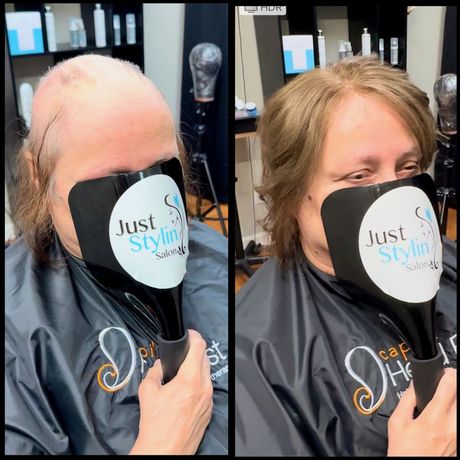 Side-by-side salon before-and-after of a person wearing a mask, showing shaved bald top and styled blond hair.