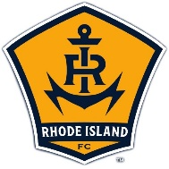 The logo for rhode island fc is yellow and blue with an anchor and lightning bolt.