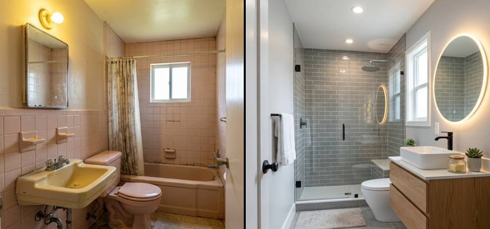 A side-by-side comparison of an outdated, tiled bathroom and a modern, newly renovated bathroom.