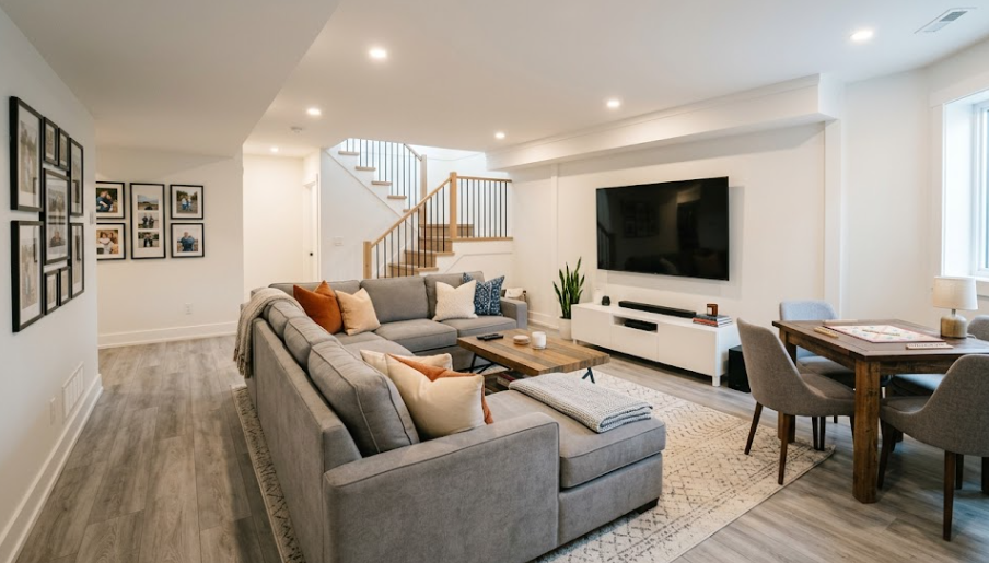 A bright and beautifully finished basement family room with a cozy sofa and modern flooring in Spokane WA.