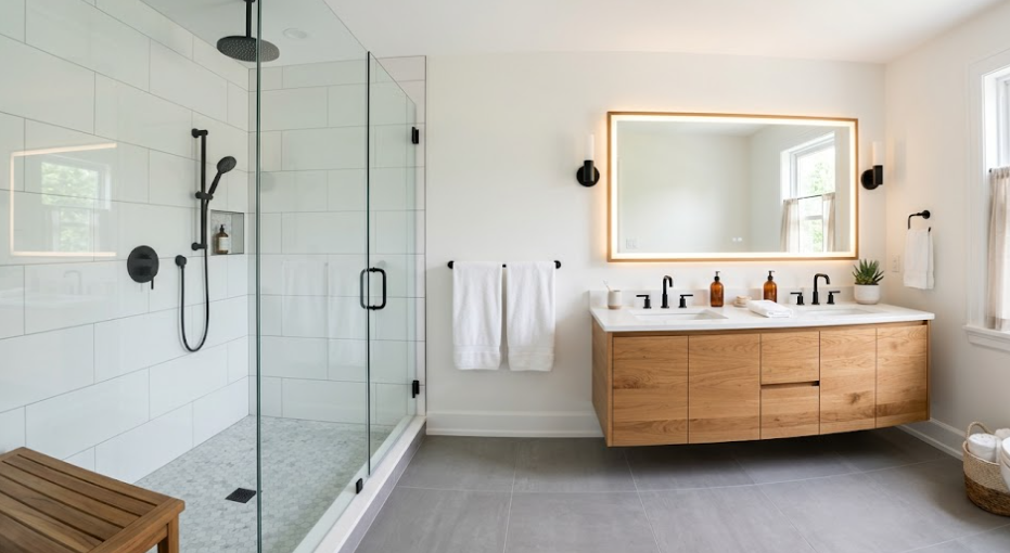 Modern master bathroom remodel in Spokane featuring a glass walk-in shower and dual wood vanity.