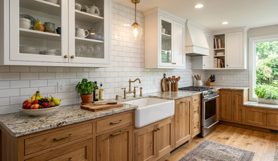 A modern Spokane kitchen remodel with cream-colored cabinetry, a central island with bench seating, and patterned tile flooring.