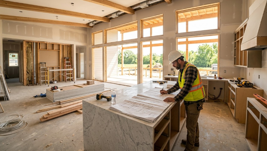 A construction worker in a hard hat and safety vest reviews blueprints at a kitchen island in an unfinished home.