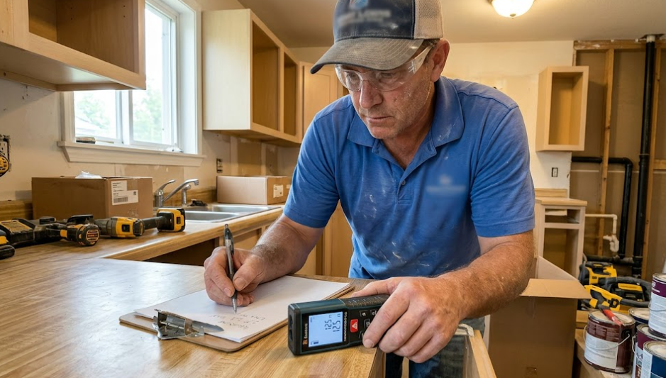 Professional contractor from Spokane General Contractor carefully measuring a kitchen for new countertops.