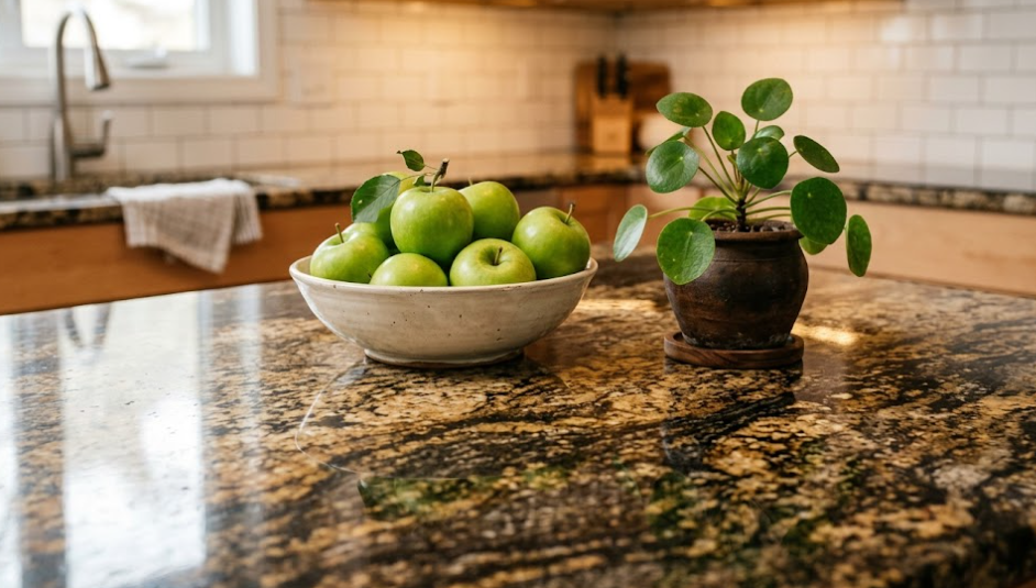 Close-up of durable, high-quality granite kitchen countertops featuring brown and gold colors.