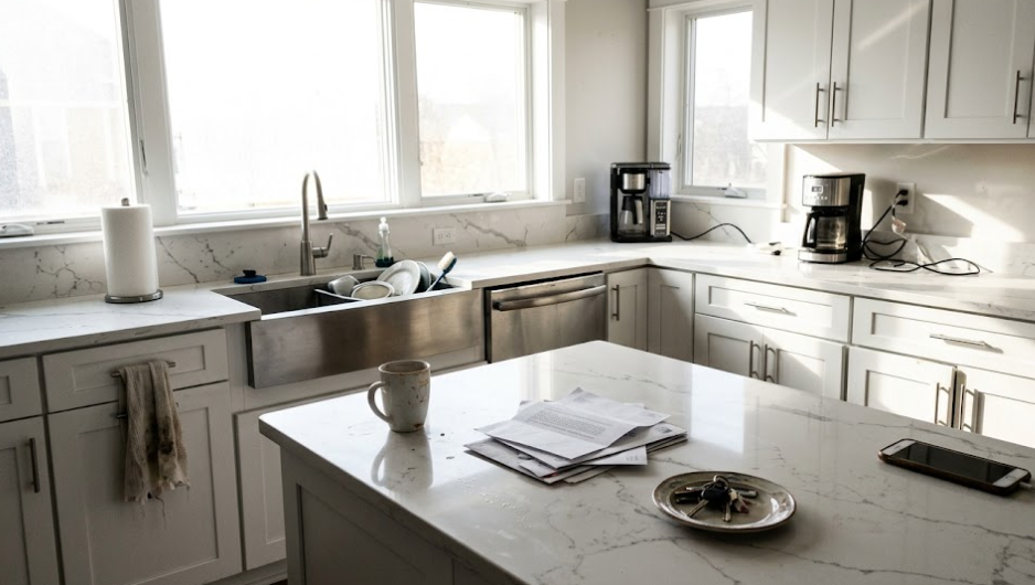 Bright modern kitchen featuring white quartz countertops and a stainless steel farmhouse sink.