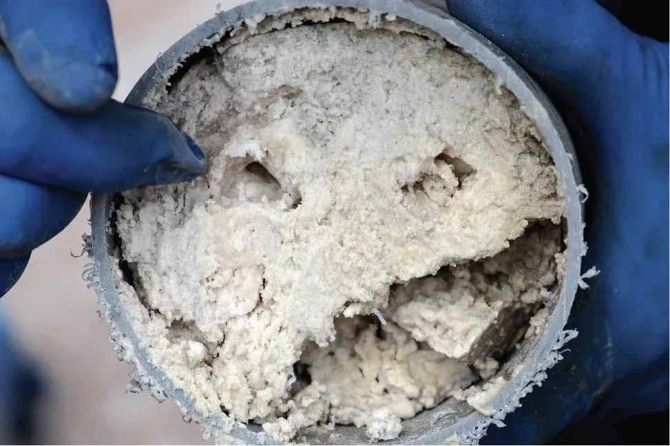 A person wearing blue gloves is holding a pipe filled with a lot of white powder.