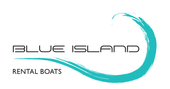 Logo di Blue Island Rental Boats con onda turchese su sfondo bianco