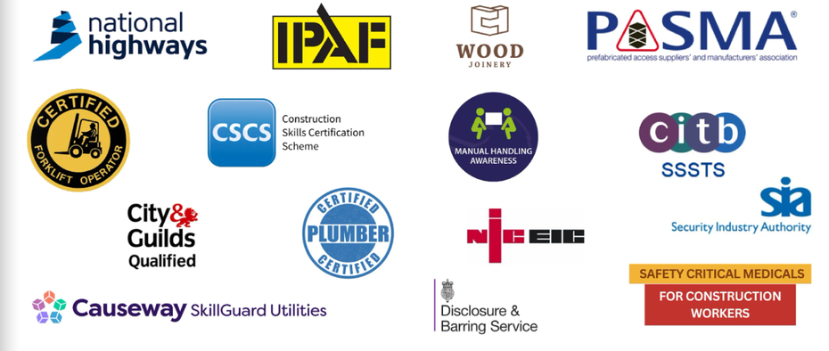 Logos of various construction and safety accreditation organizations.