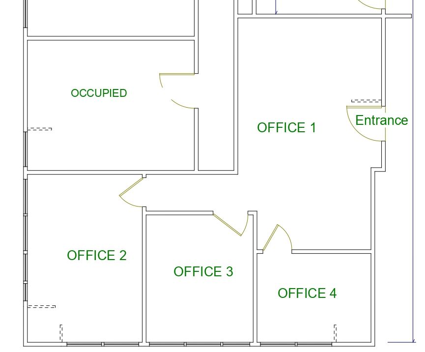 A floor plan of a building with three offices and an entrance.
