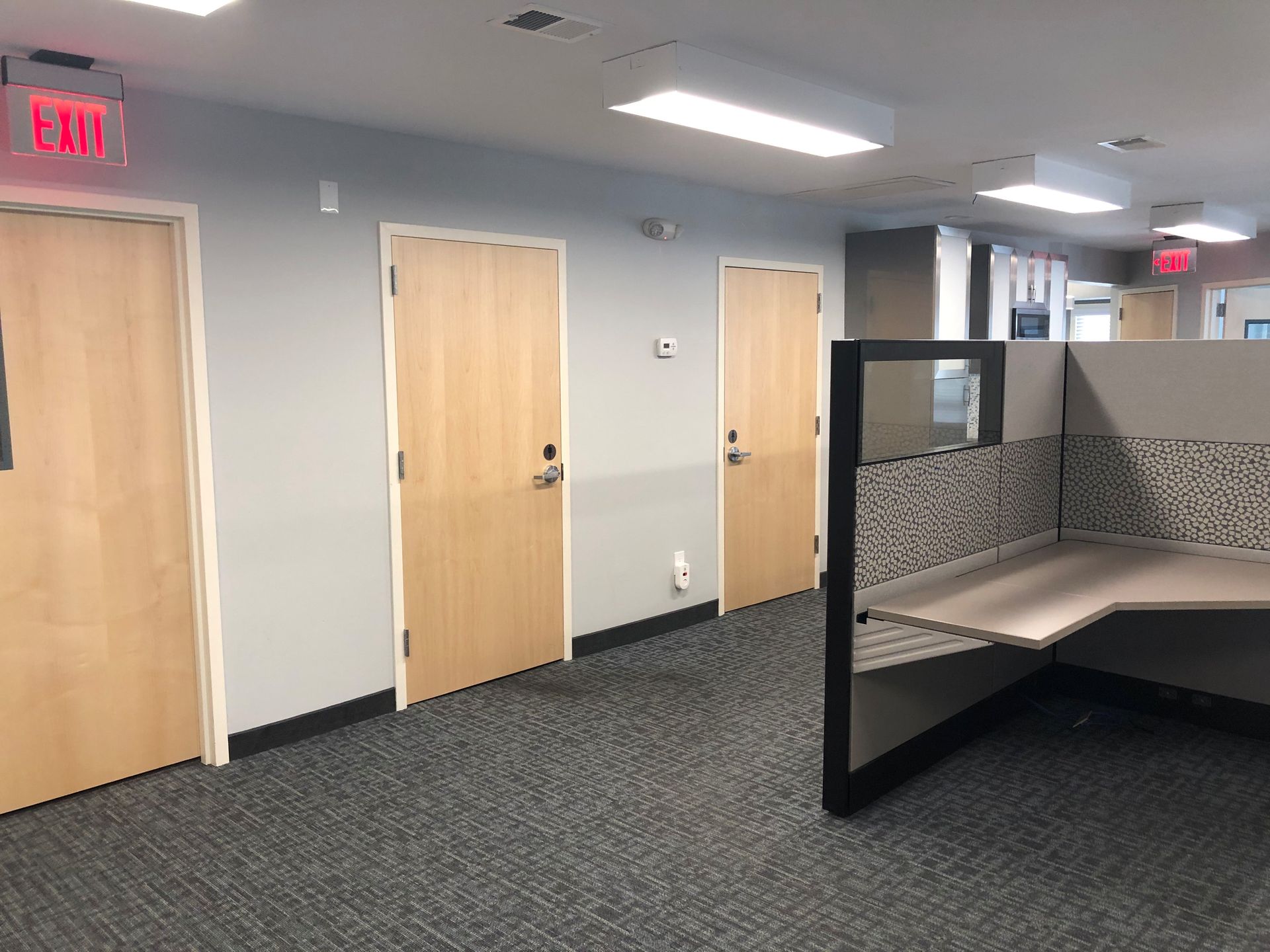 Office hallway with gray carpet, gray walls, and three tan doors. Cubicle on right.