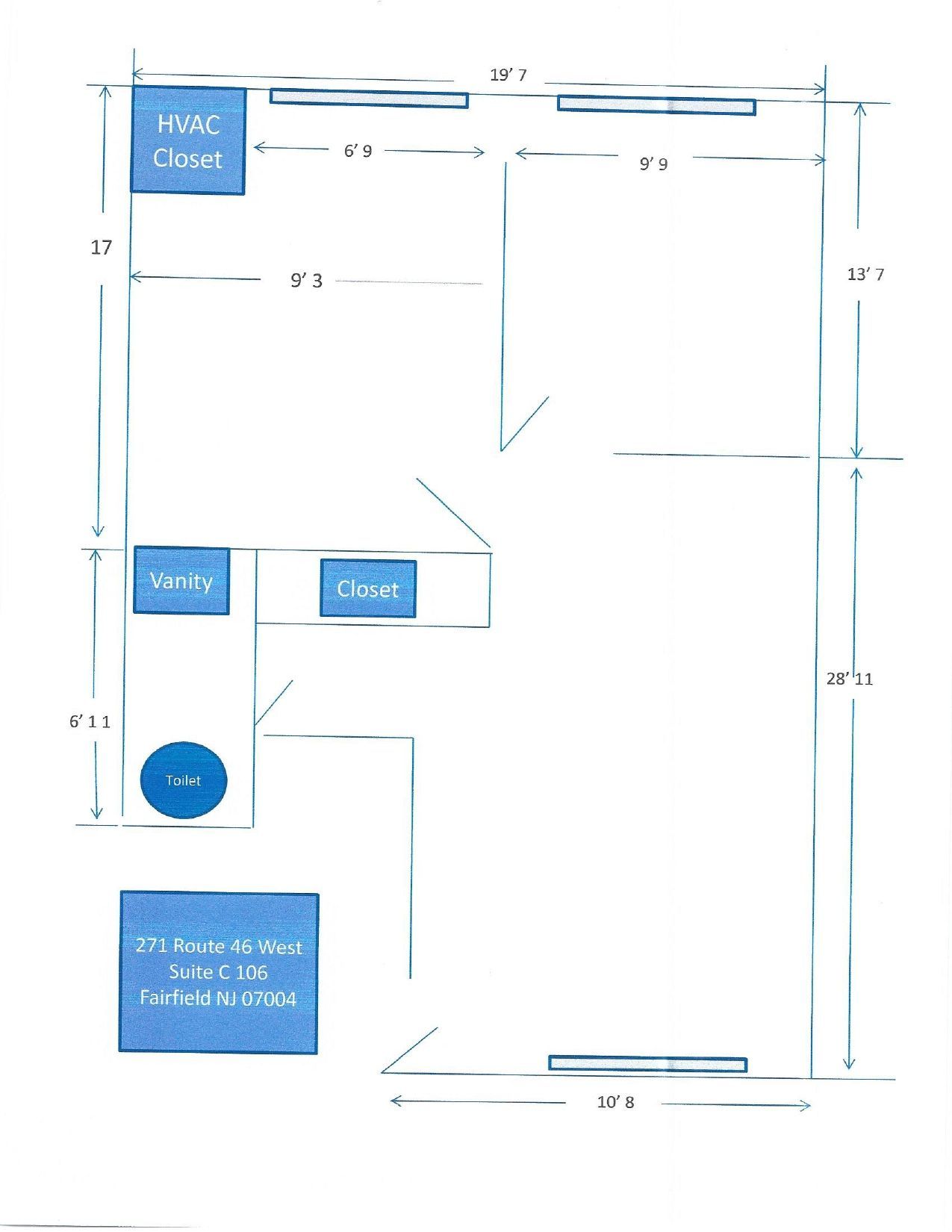 A blue and white floor plan of a house with measurements.