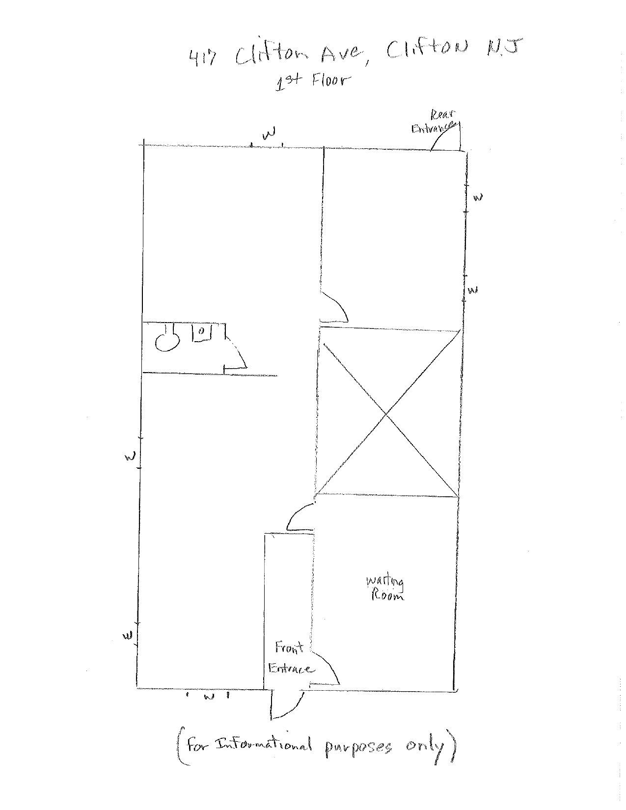 Hand-drawn floor plan of a home with rooms labeled and annotated for structural purposes.