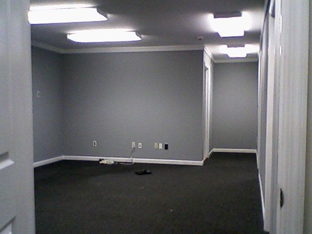 An empty room with gray walls, dark carpet, white trim, and ceiling-mounted fluorescent lights.