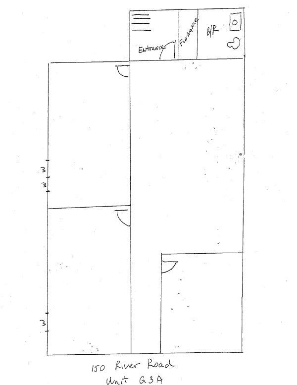 A floor plan sketch of 150 River Road, Unit G3A, showing various rooms, hallways, and doorways.