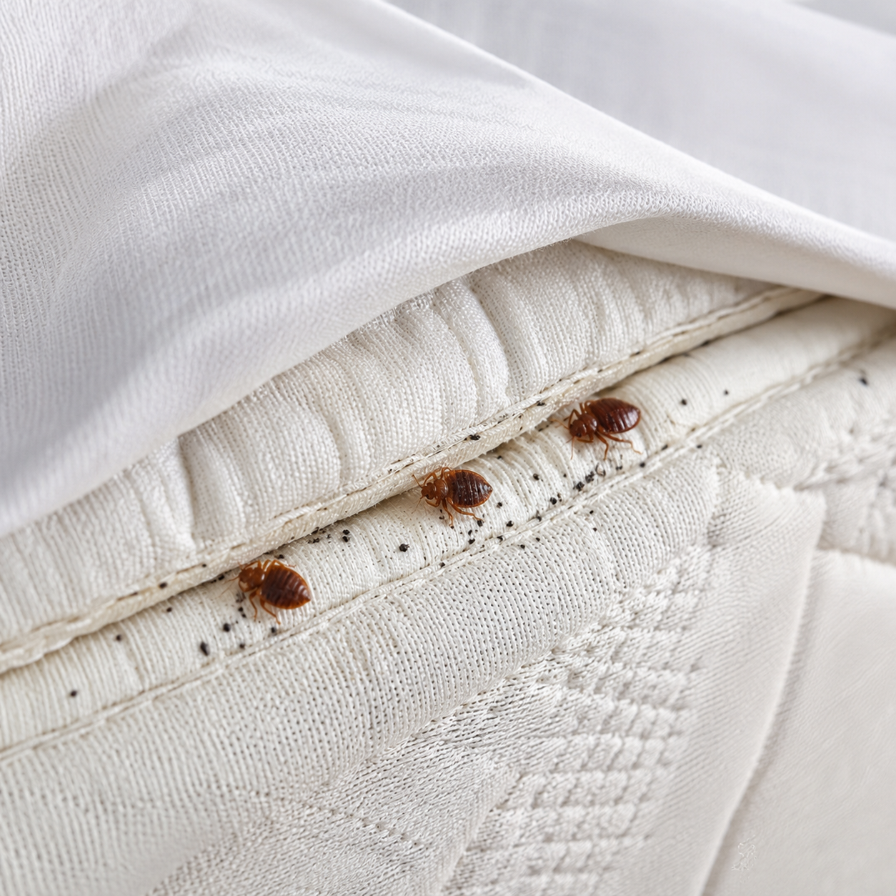 Close-up of bed sheets with several brown bed bugs along the seam