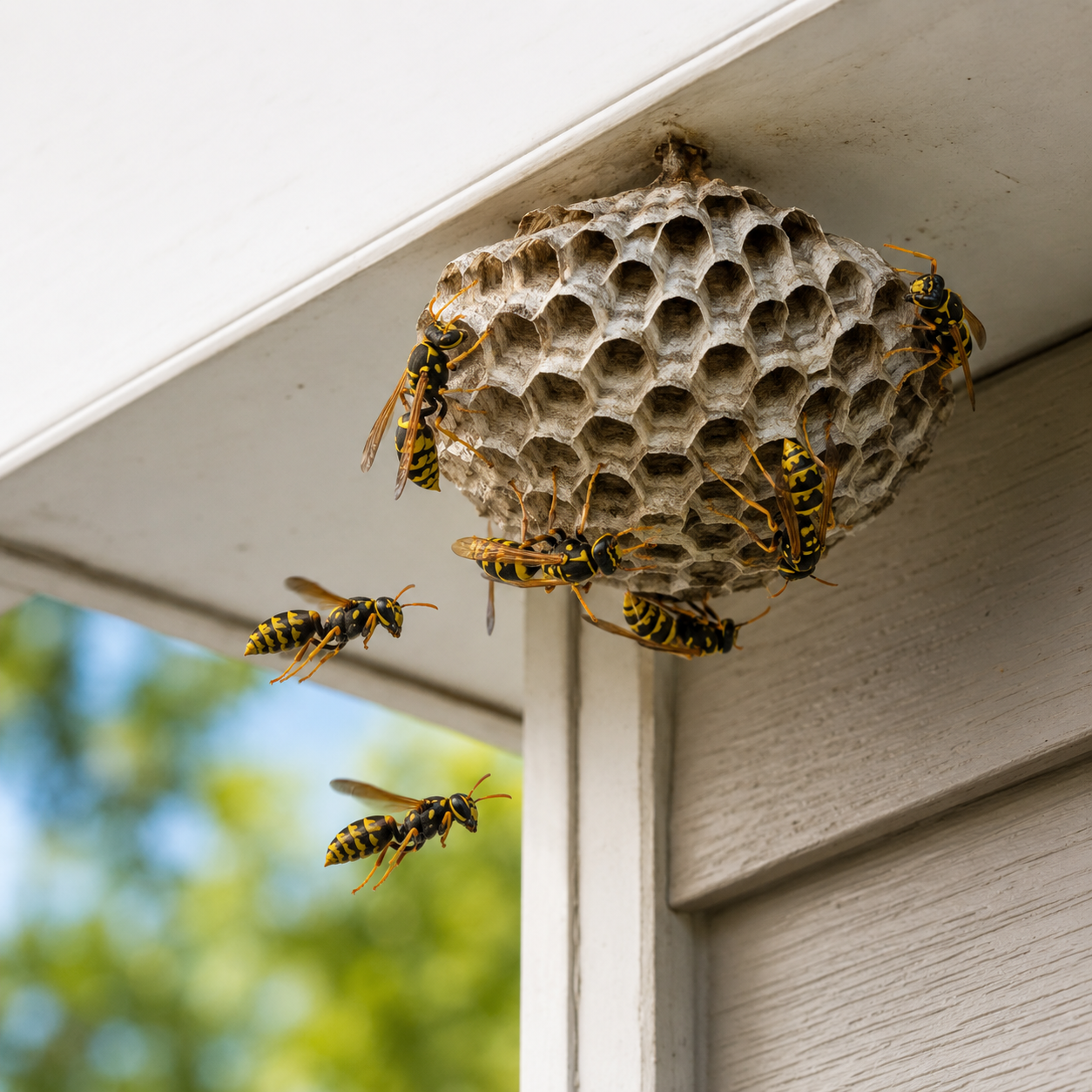 Wasp nest under a roof eave, with several yellow-and-black wasps flying around it.