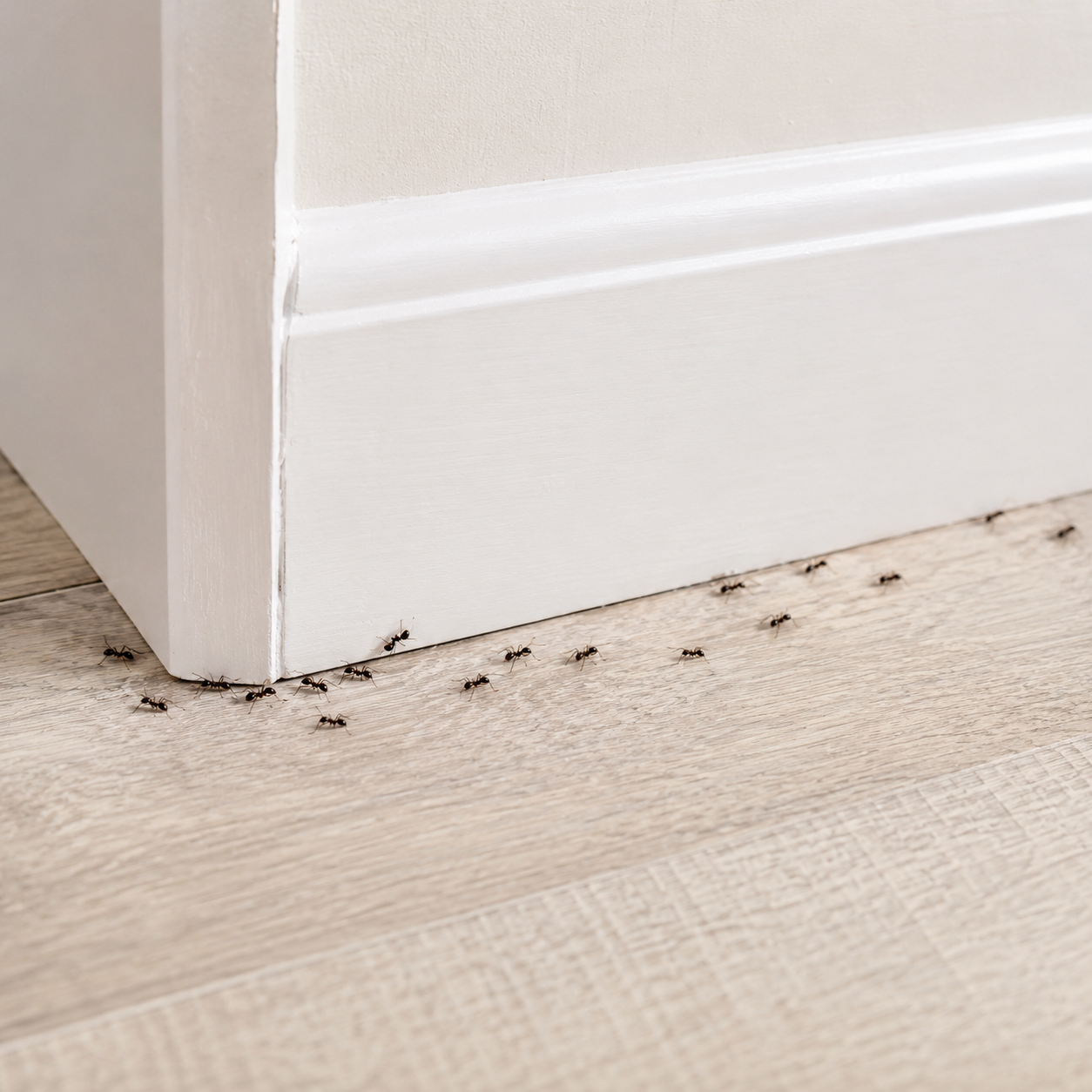 Baseboard corner with scattered dirt and dark specks on a light wood floor