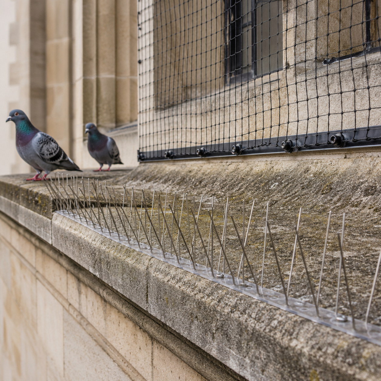 Two pigeons perched on a stone ledge beside a building with wire mesh fencing