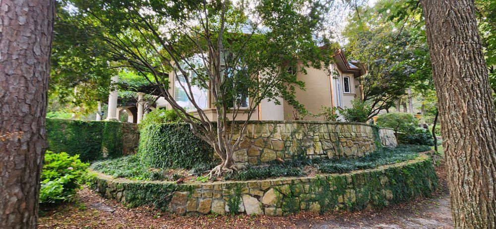A house is surrounded by trees and a stone wall.
