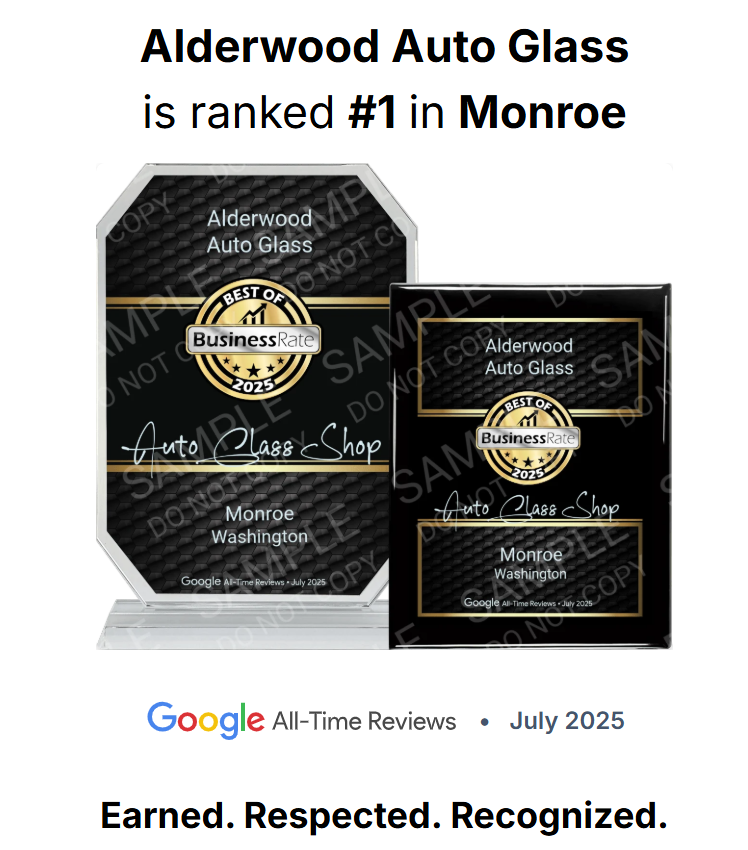 Alderwood Auto Glass ranked #1 in Monroe, display trophies, black/gold. 