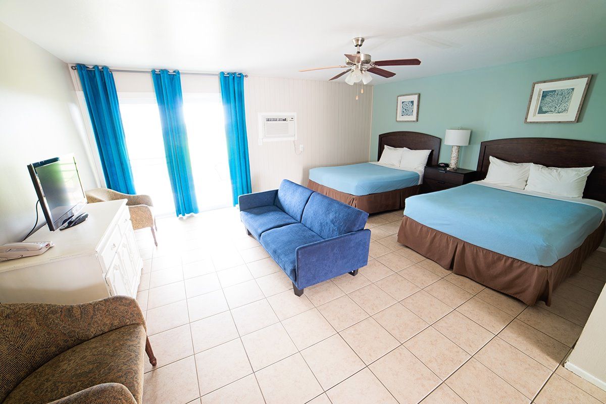 Hotel room with two beds, sofa, TV, and large window with blue curtains. Light blue and brown decor.