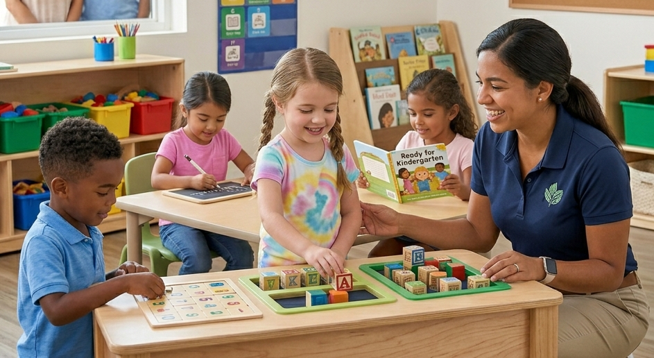 A teacher and several children play with wooden blocks and an alphabet board at a table in a bright, colorful classroom.